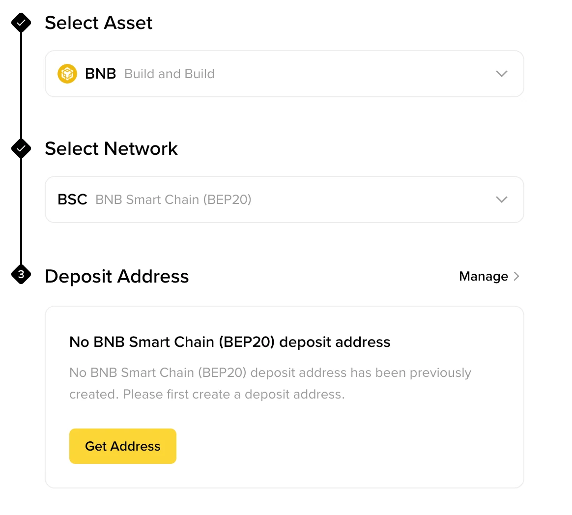 Binance · Select the deposit coin and network