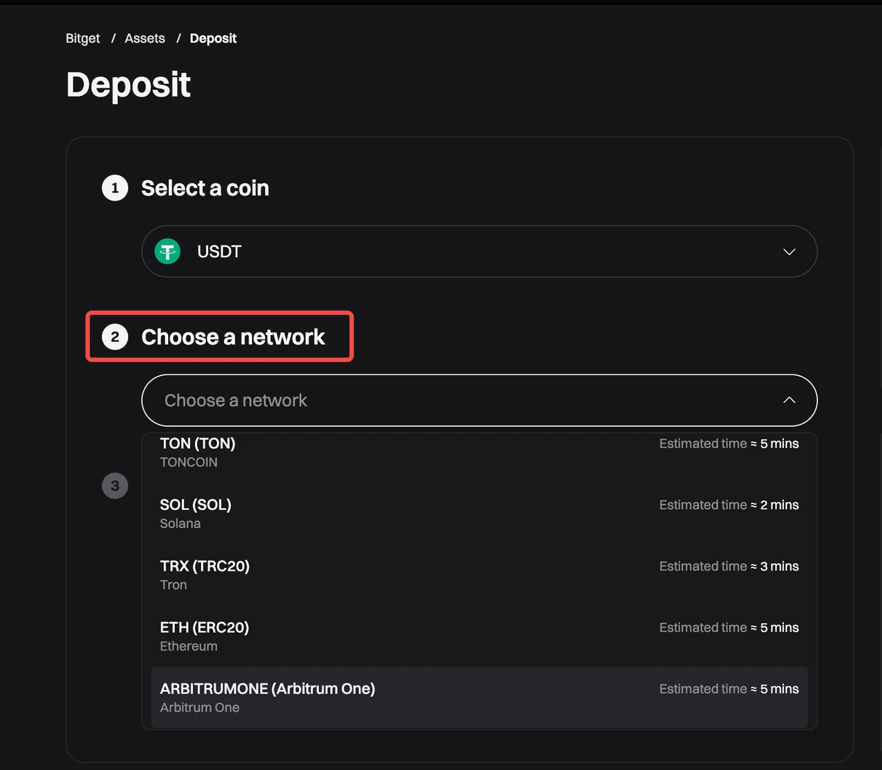 Bitget · Select the deposit coin and network
