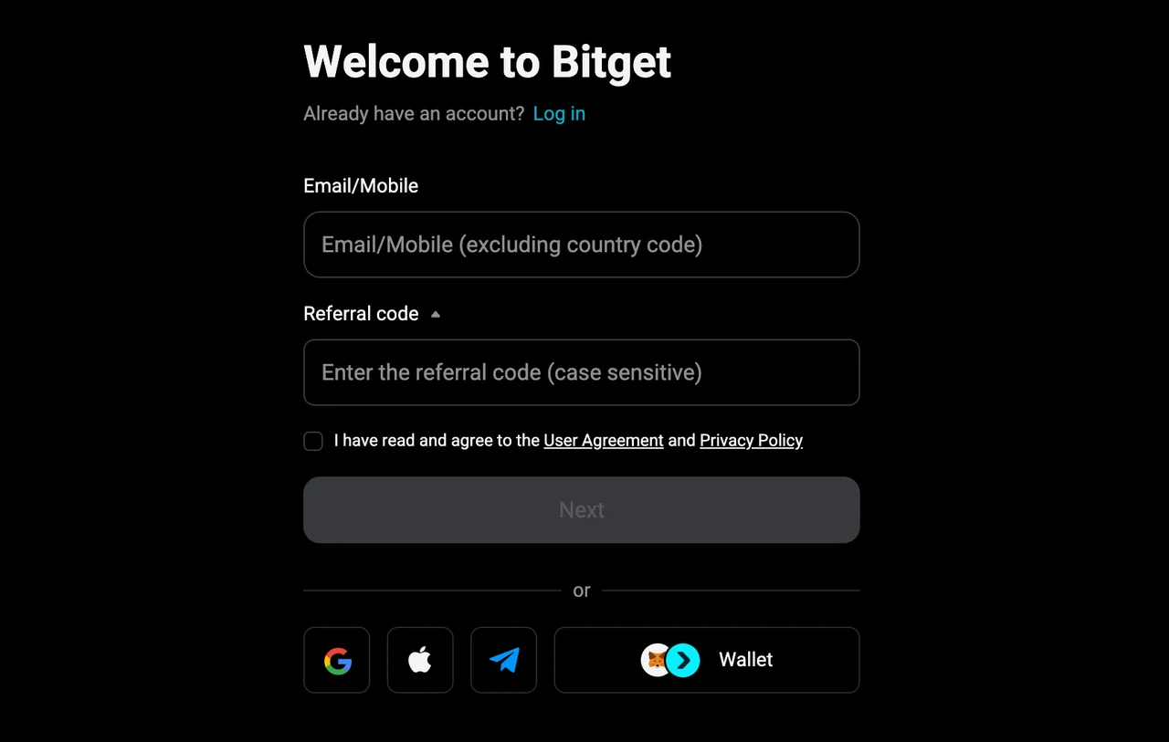 Bitget · Registration and referral code fields
