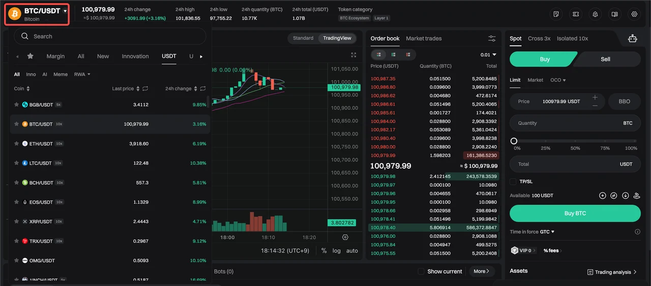 Bitget · Spot trading pairs and order panel