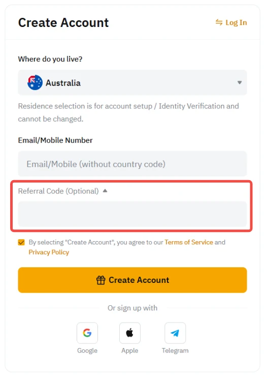 Bybit · Registration referral code field